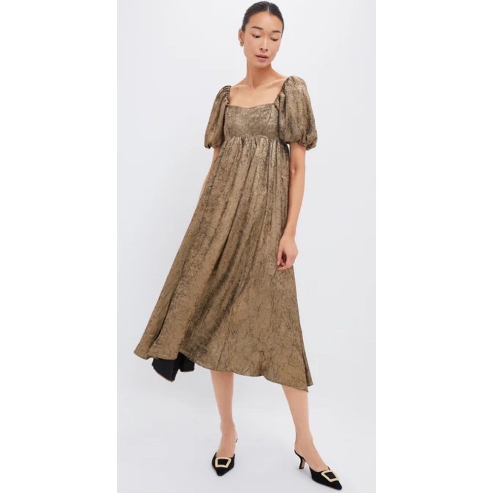 Moon River Metallic Olive Brown Midi Dress with Puff Sleeves